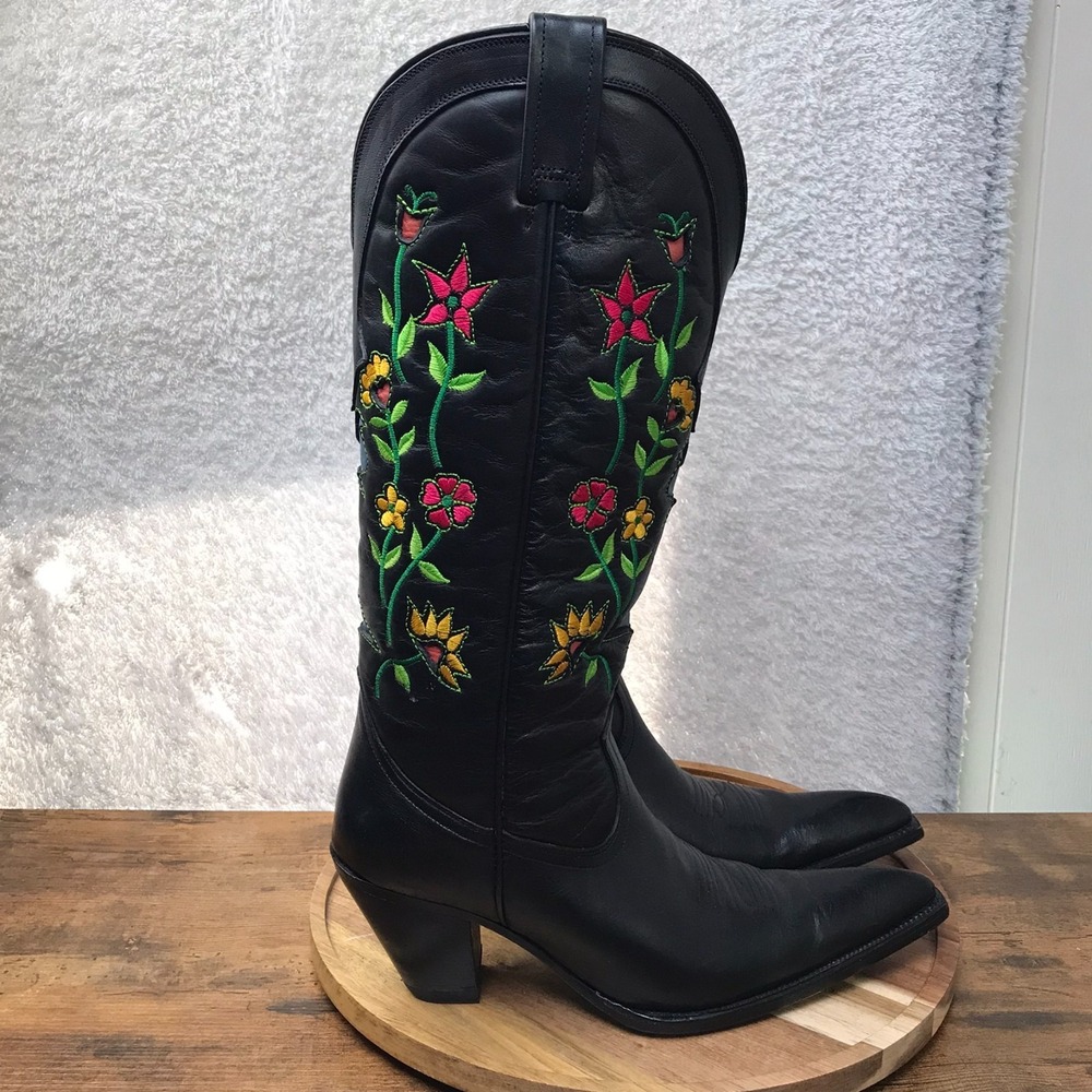 Lane Bluebird Bouquet Western Boots 10 EE Wide Black Leather Floral Embellished